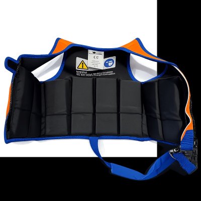 Ergonomisk simväst för små simmare med säkra spännen och justerbar rem mellan benen.