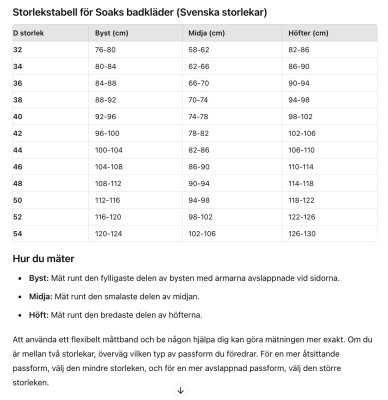 Storlekstabell badkläder dam från Svenska varumärket Soak. Mät till rätt storlek till dina badkläder.